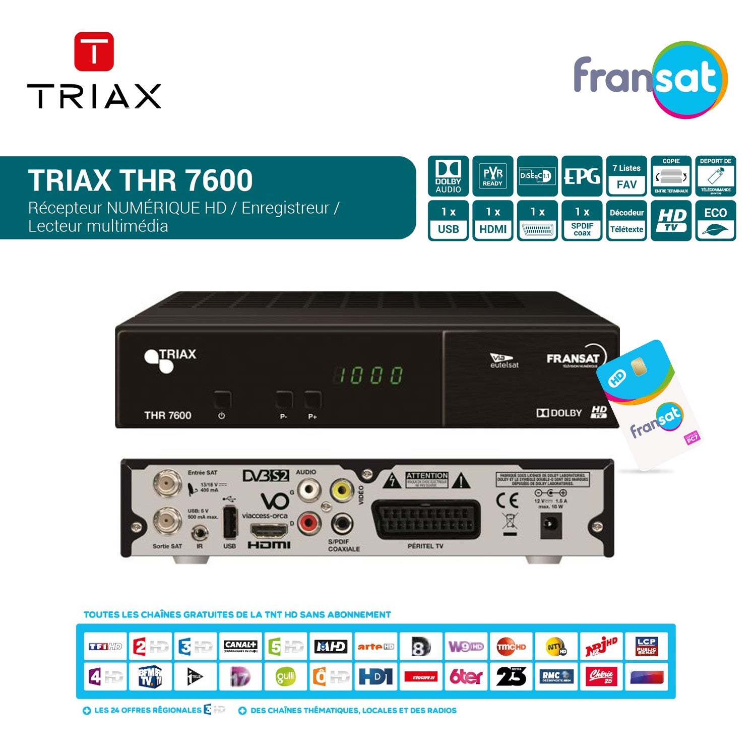 Récepteur Décodeur Satellite HD Triax THR 7600 FRANSAT + Carte FRANSAT ...