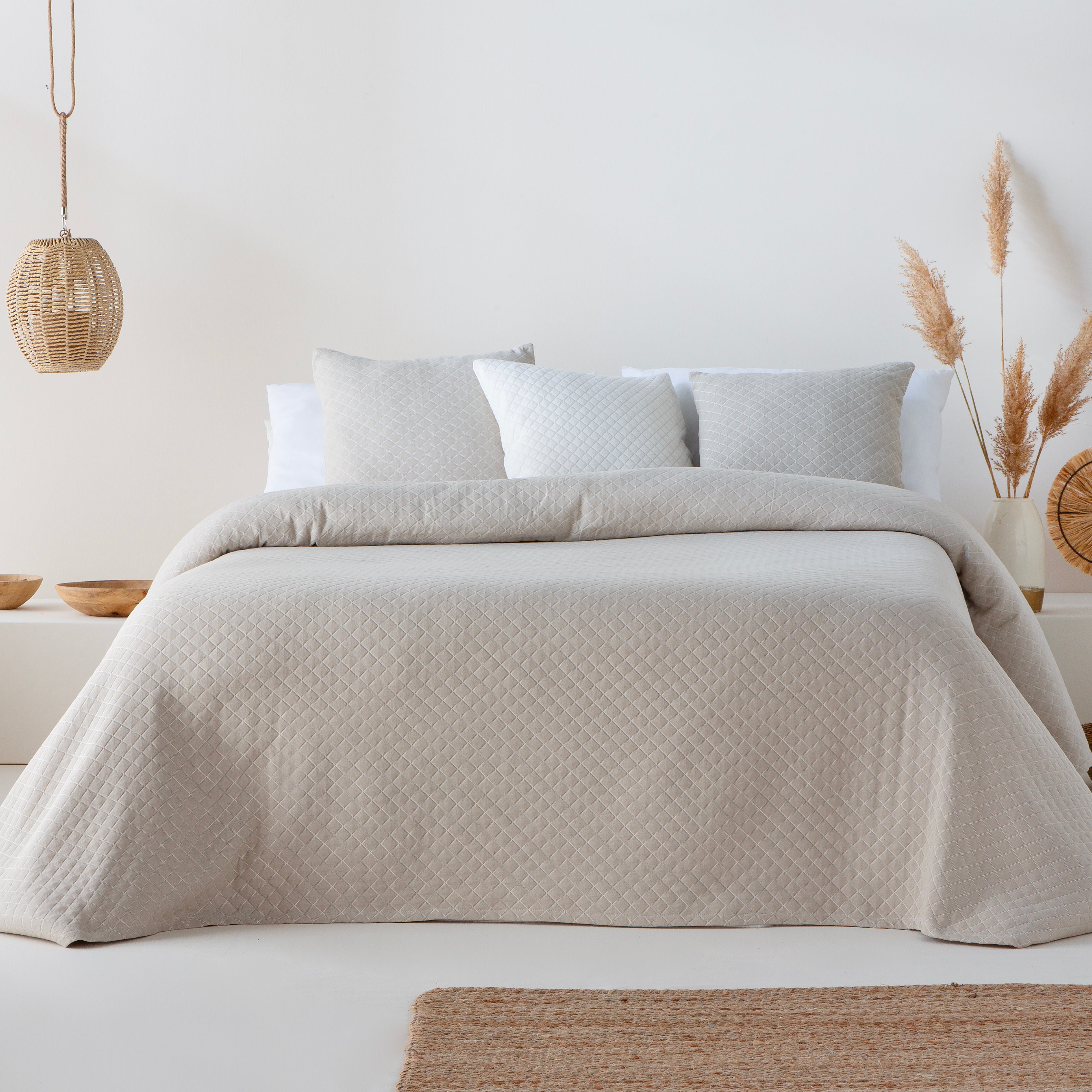 Colcha cama 105 cm ligera entretiempo primavera verano lisa jacquard algodón transpirable, 200x270 cm, color beige