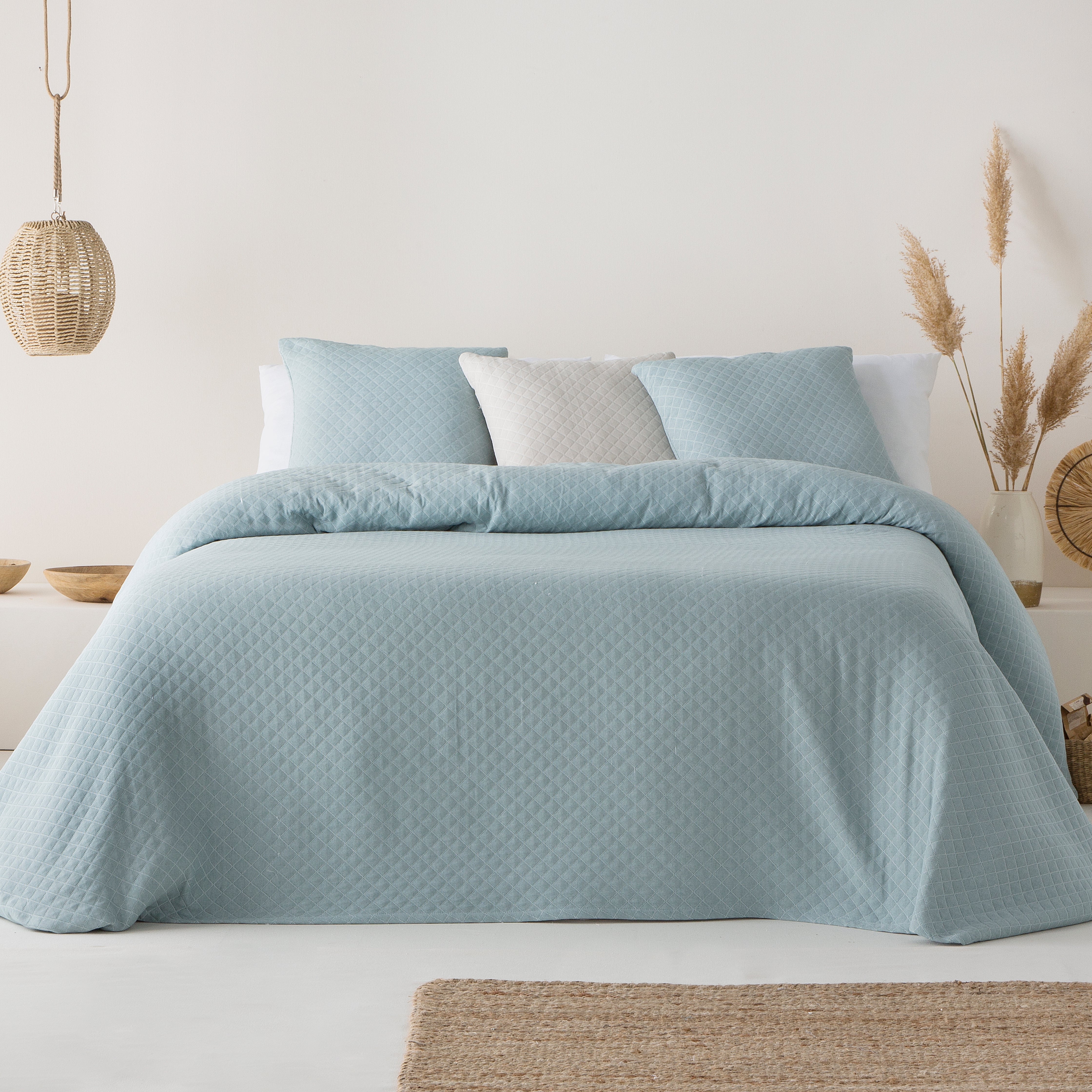 Colcha cama 80/90 cm ligera entretiempo primavera verano lisa jacquard algodón transpirable, 180x270 cm, color agua marina