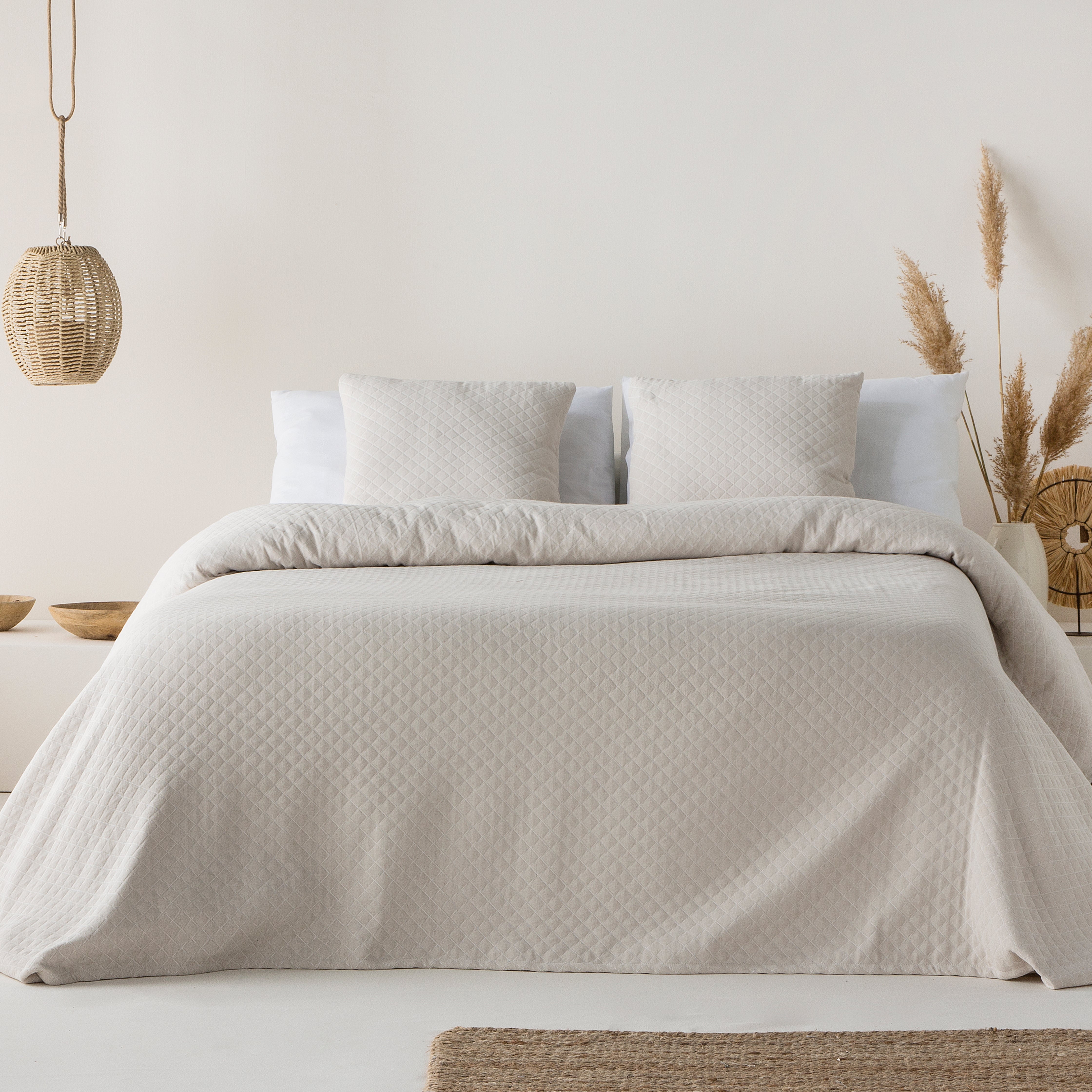 Colcha cama 80/90 cm ligera entretiempo primavera verano lisa jacquard algodón transpirable, 180x270 cm, color lino