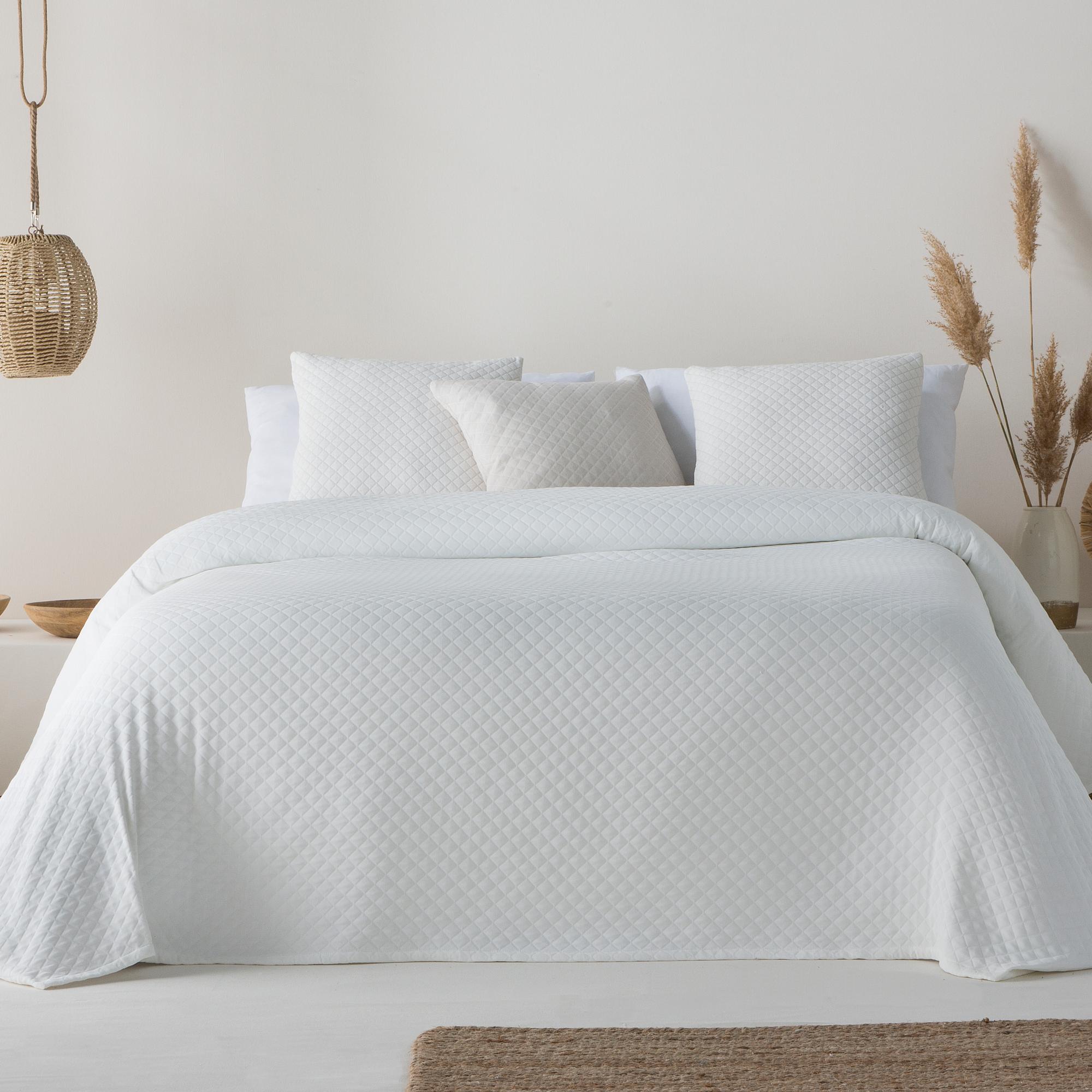Colcha cama 150 cm ligera entretiempo primavera verano lisa jacquard algodón transpirable, 250x270 cm, color blanco