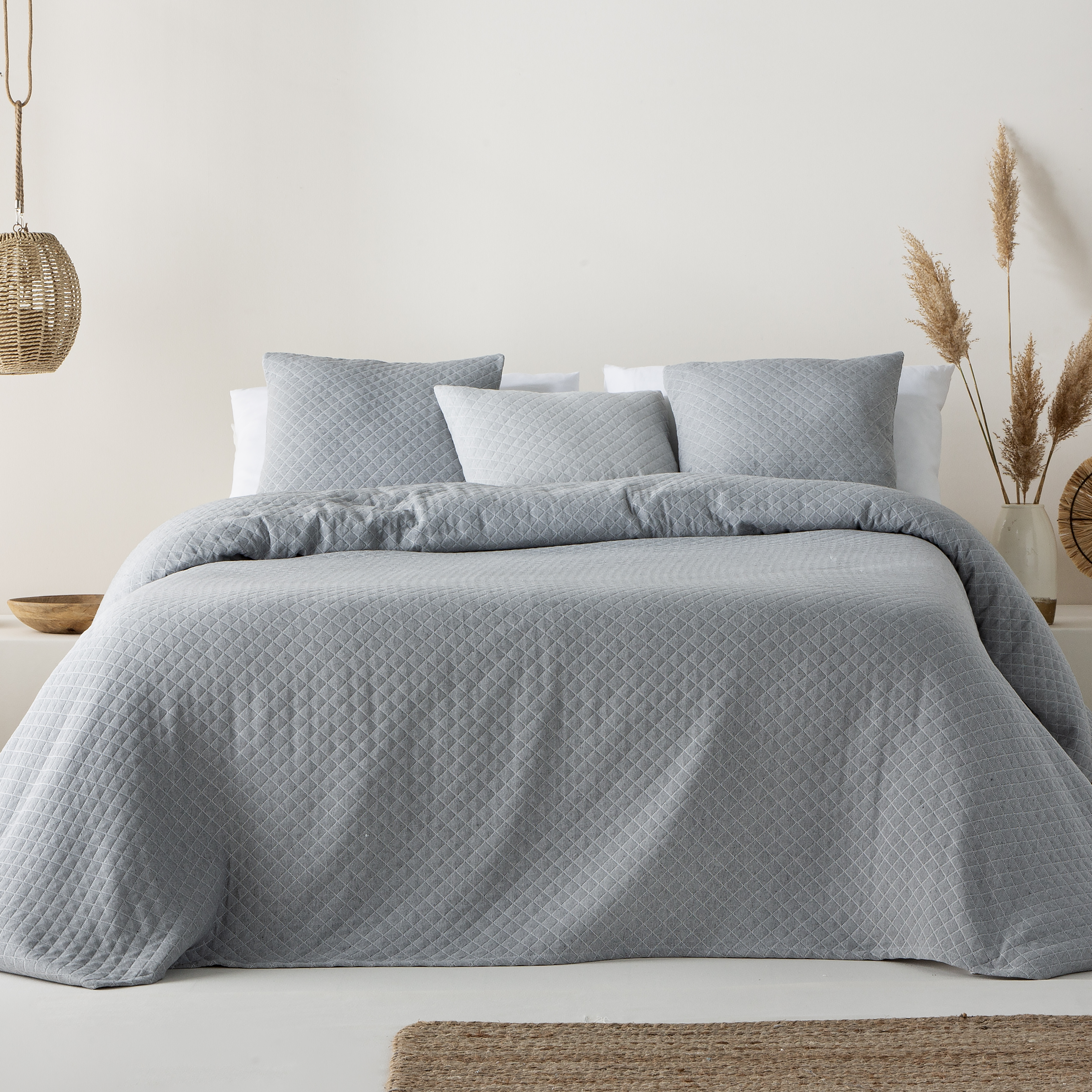 Colcha cama 105 cm ligera entretiempo primavera verano lisa jacquard algodón transpirable, 200x270 cm, color antracita