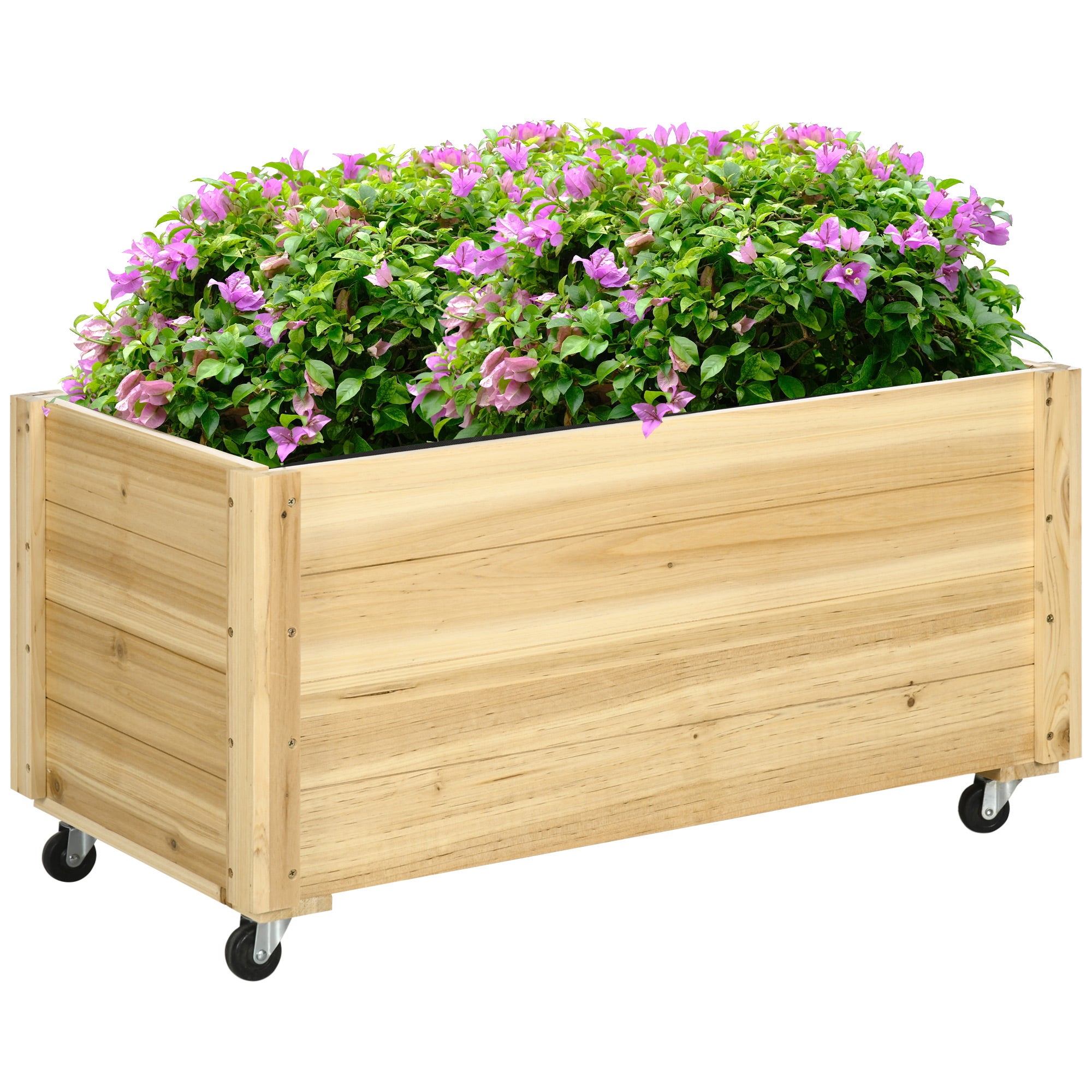 Outsunny Fioriera da Giardino con Foro di Drenaggio e Fodera di Tessuto non  Tessuto, Fioriera in Legno di Abete con Rotelle, 89x48x47 cm, color Legno