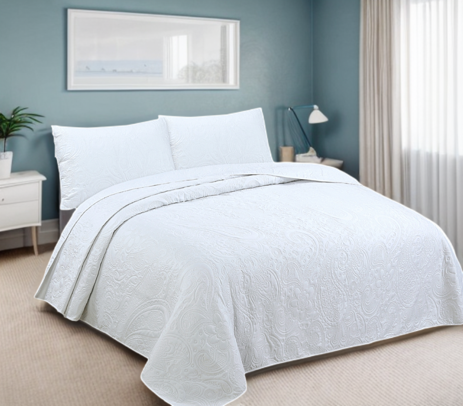 Haradeco colcha boutí blanca cama 180, cubrecama fina 270x260cm con 2 fundas almohada 50x70cm, 100% microfibra