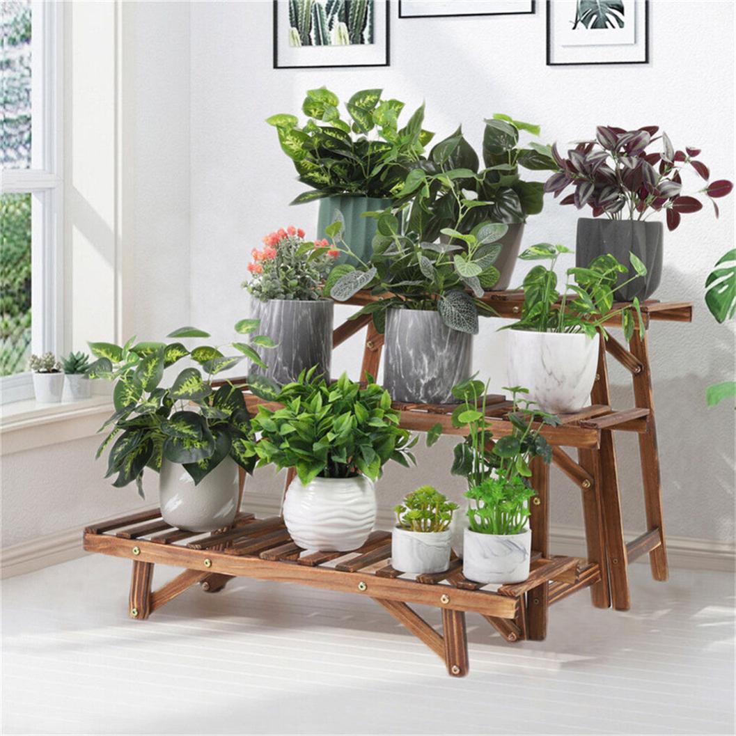 Lot de 3 Porte Plante Extétieur Étagère Plantes Escalier Plantes Bois - 2
