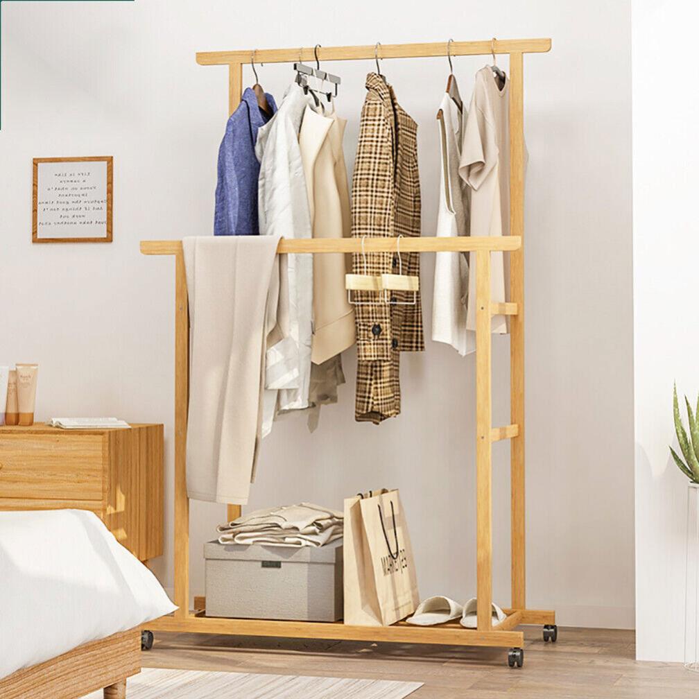 Portant à Vêtements en Bois à Roulettes avec Étagère, 160 x 80 x 40cm - 2