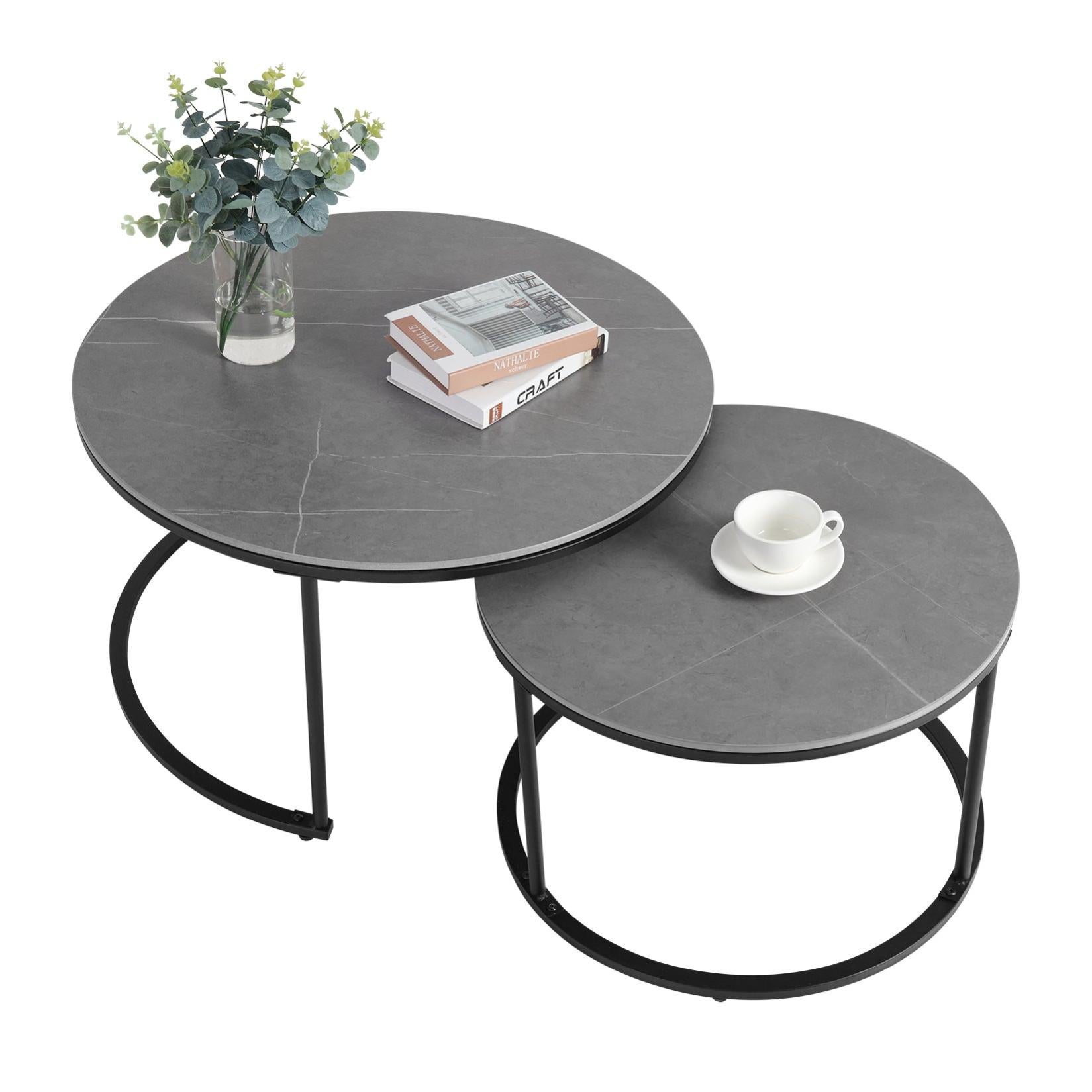 Hitsuki Lot De 2 Tables Gigogne Ronde, Table De Salon Ronde, Table Basse Marbre Blanc Imitation Avec Pieds En Métal Doré
