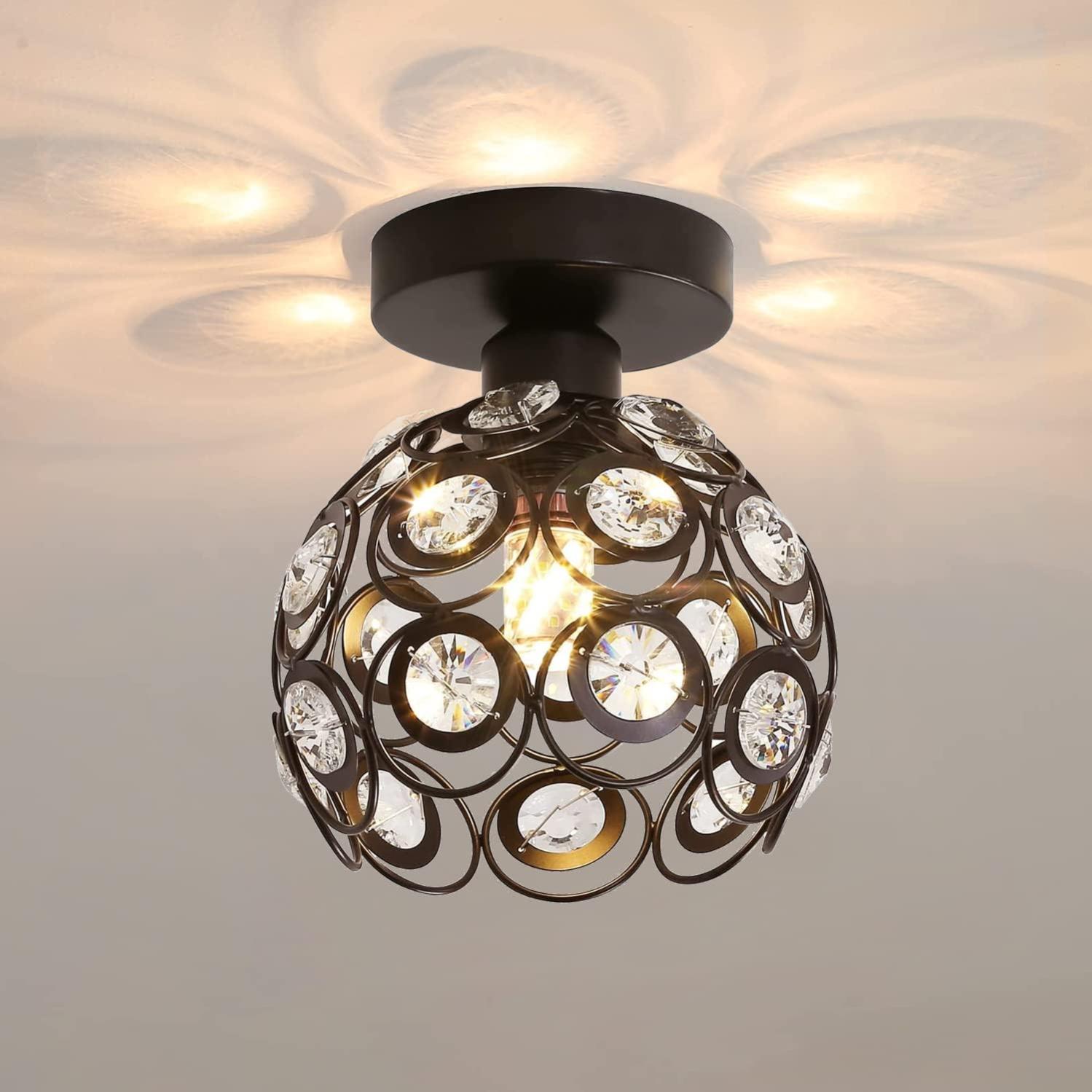 Plafonnier Semi-encastré En Cristal Noir - Luminaire E27 Moderne - Pour Salon, Chambre, Couloir... - Diamètre 18 Cm - 8