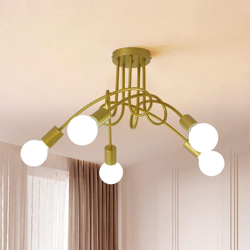 Lustre Industriel Vintage 3 Lumières - Suspension Plafond E27 Métal Noir Et Doré - Pour Salon, Chambre, Cuisine