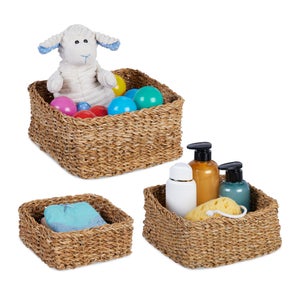 Boîte De Rangement En Zostère Avec Couvercle - 3 Compartiments Pour Salle De Bain Ou Bureau - Nature, 11x33x12.5 Cm