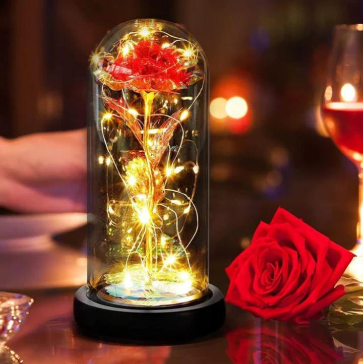 Tre Rose Vere Conservate Sotto Cupola Di Vetro Con Base Luminosa LED - Regalo Romantico Originale Per La Casa, Rosa