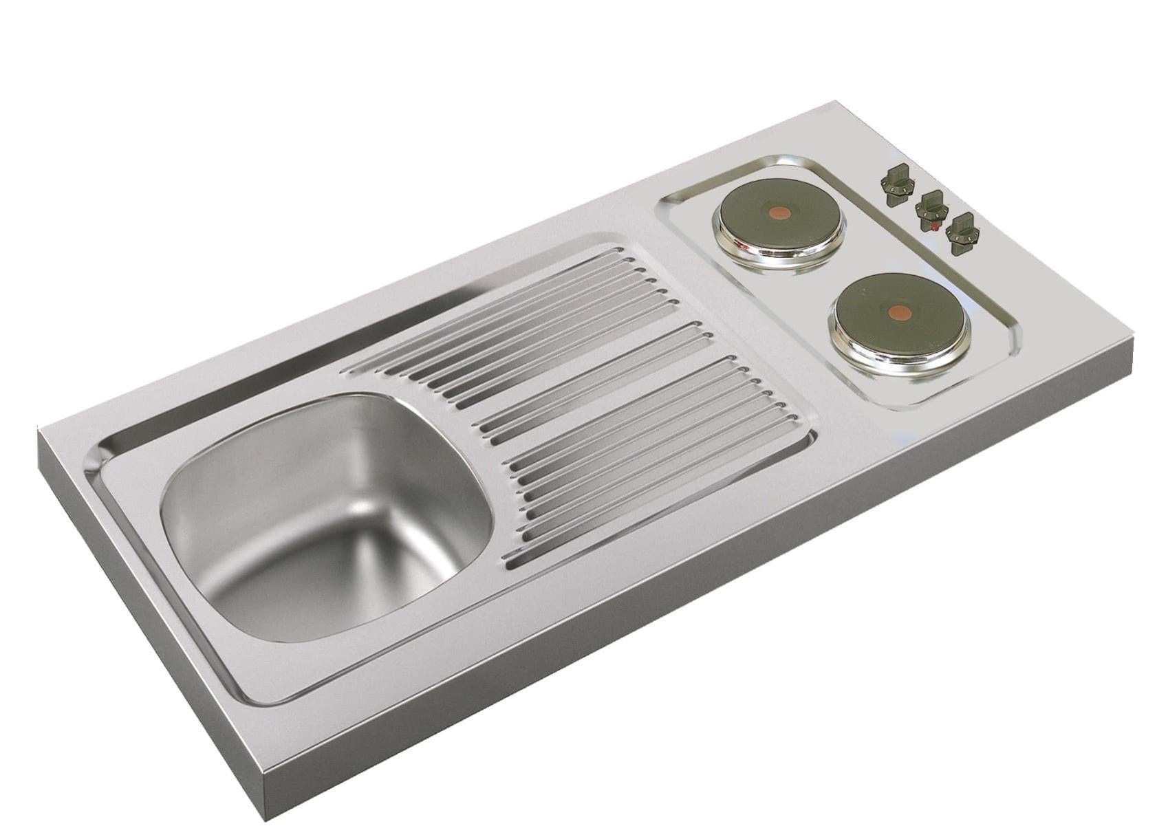Evier cuisinette CPAE inox 18/10 lisse, 1 bac + 2 plaques élec + timer