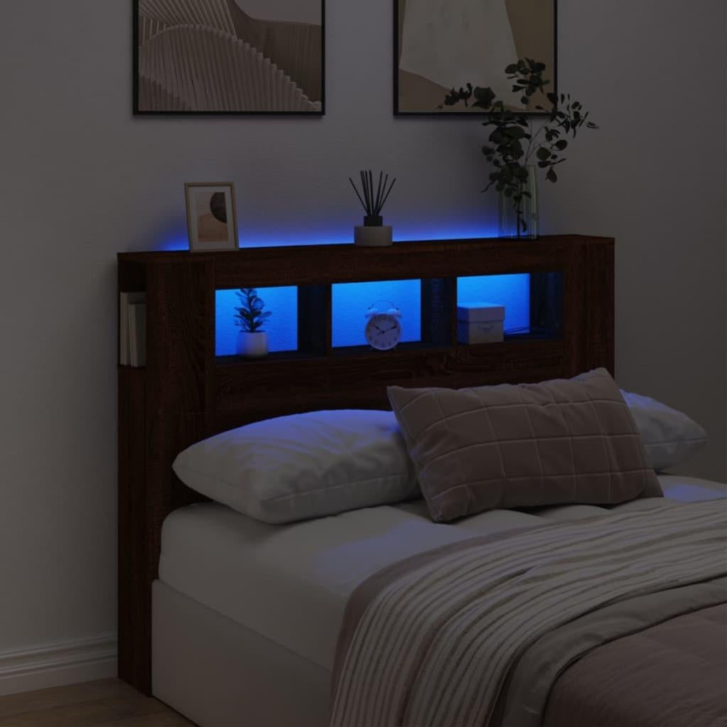 Testiera Letto Queen Size Aheaplus In Rovere Nero, Con Luci LED E Uscite, Montaggio A Parete