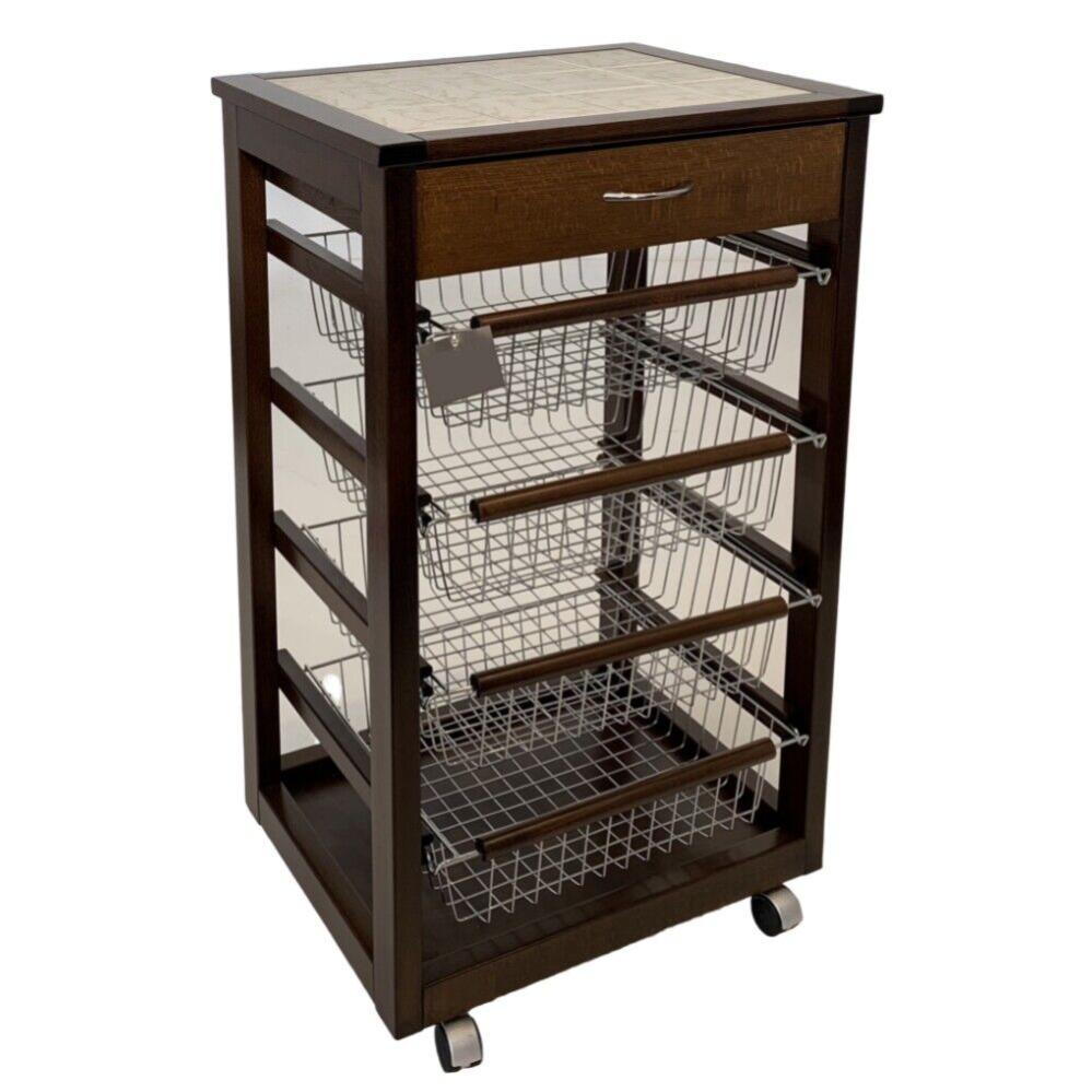 Carrello Cucina In Legno Per Porta Frutta Verdura 3 Cestini Acciaio E Ripiano Mattonelle Con 4 Ruote Per Spostamenti Casa Noce Scuro 89004776