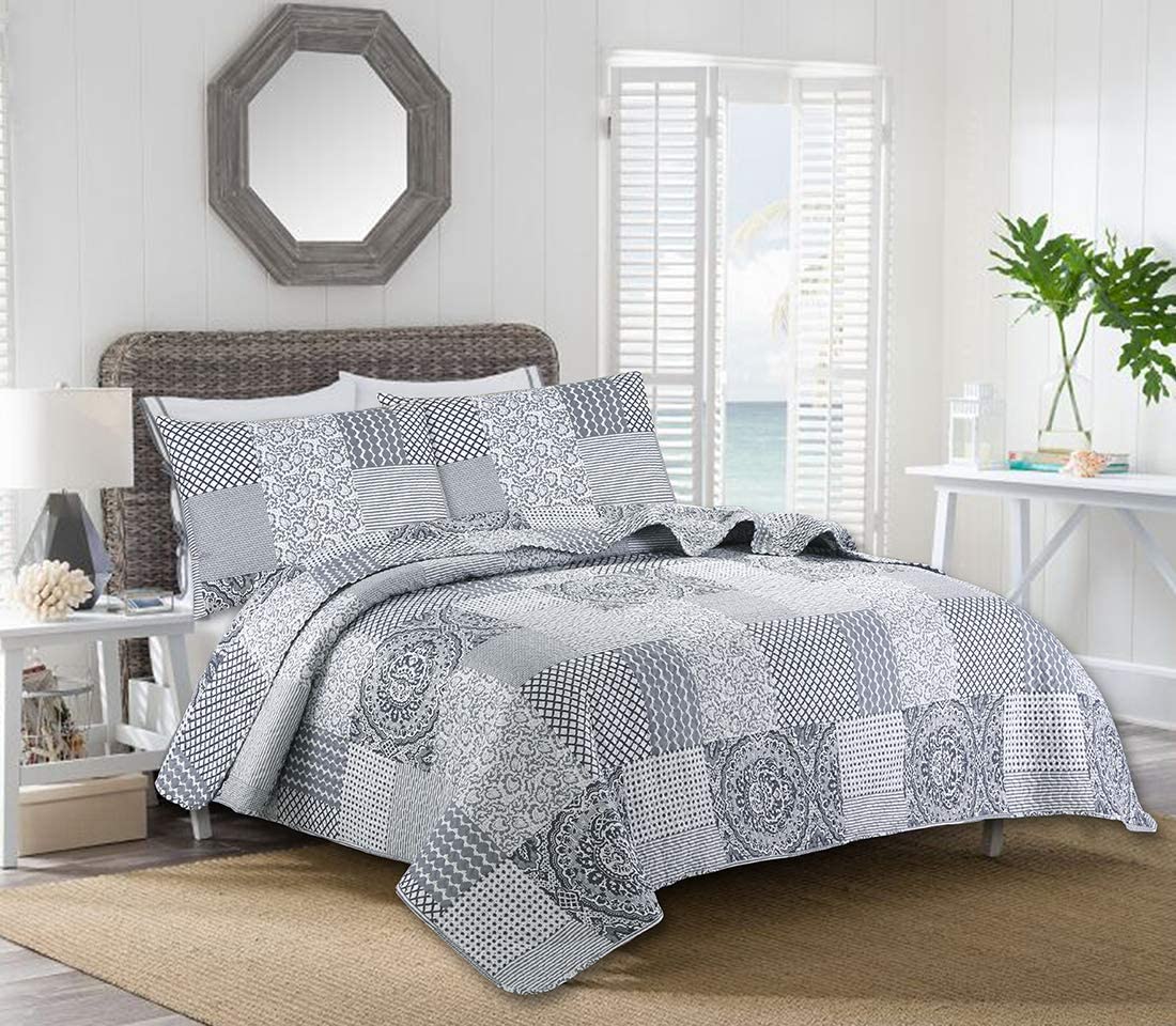 Haradeco colcha boutí estampado patchwork para cama 90, cubrecama fina 180x260cm con 1 funda almohada 50x70cm, 100% microfibra