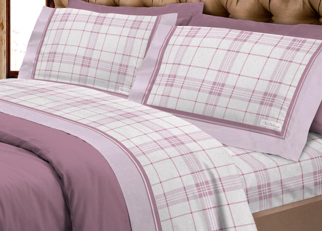 Completo Lenzuola In Flanella 100% Cotone Singolo - Disegno Torino Quadri Rigato Rosa - Made In Italy - 2