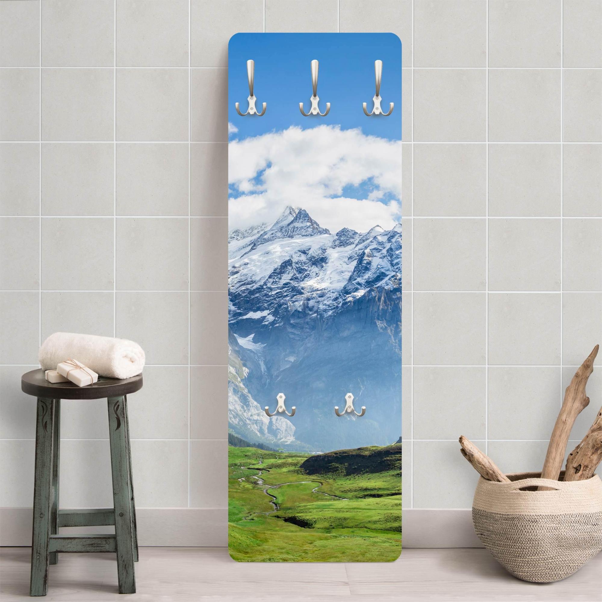 Creative Feder Appendiabiti Da Parete Panorama Alpino – 95x60 Cm In MDF 18 Mm, Con 7 Ganci In Alluminio, Made In Germany