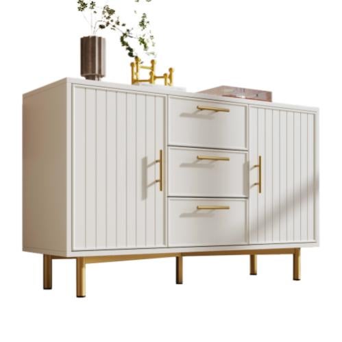 Console Buffet Moderne ZOE 150x78,6x40 Cm - Meuble TV Avec 2 Portes Et 3 Tiroirs - Style Marbre Blanc