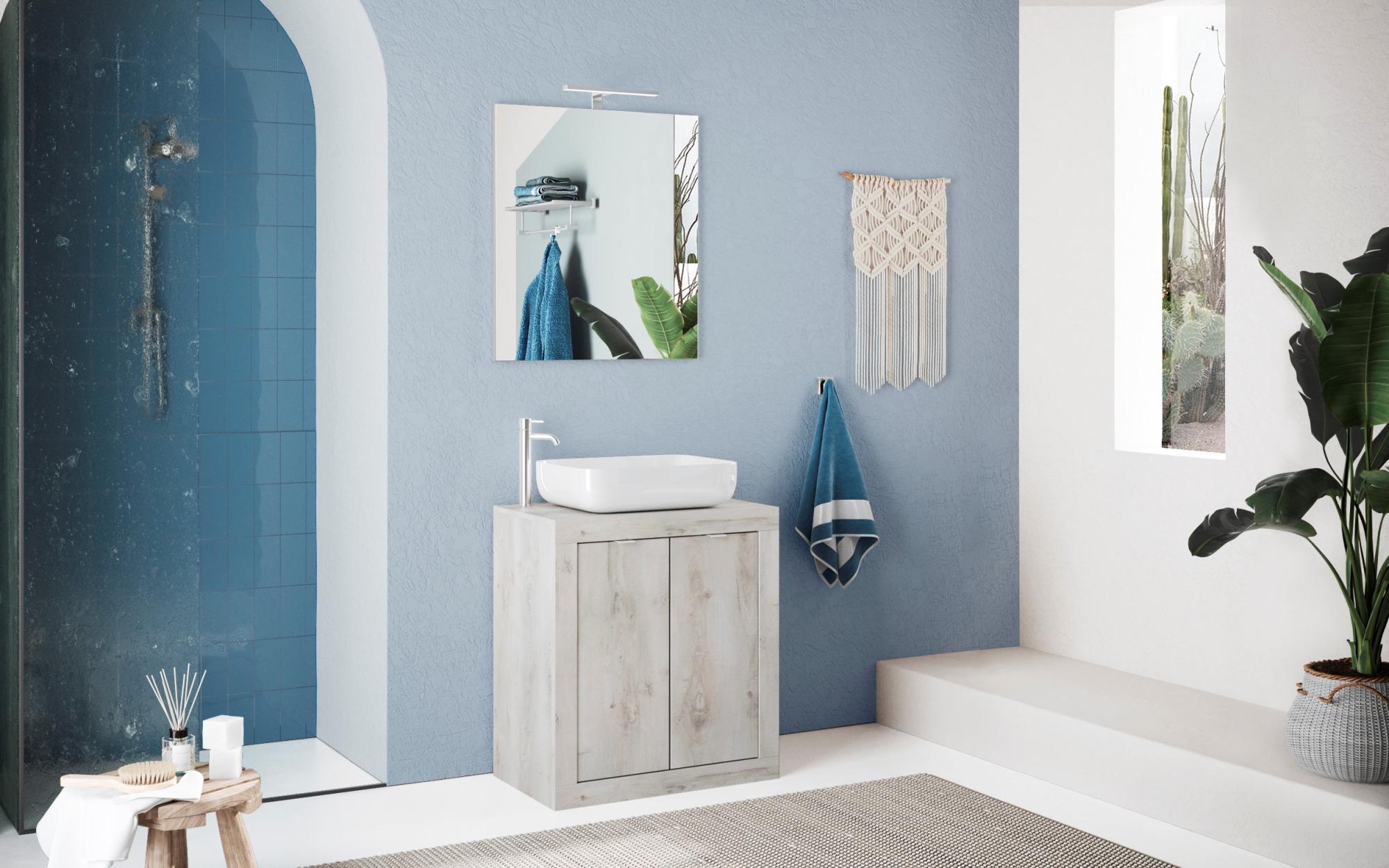 Ensemble salle de bain, meuble+miroir+vasque BASIC pin blanc, 70 x 78 x