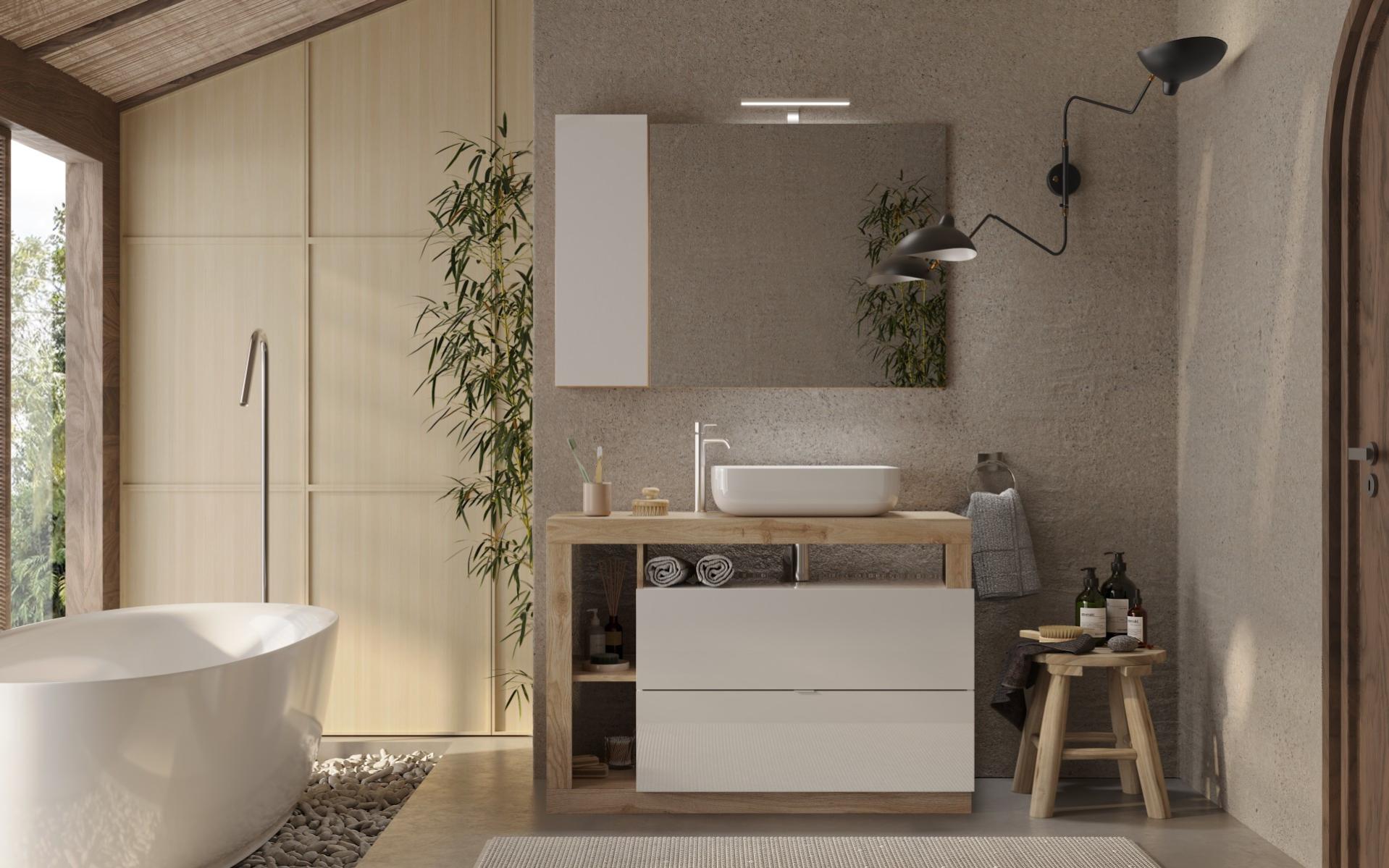 Ensemble salle de bain meuble+miroir+vasque HAMBURG blanc brillant