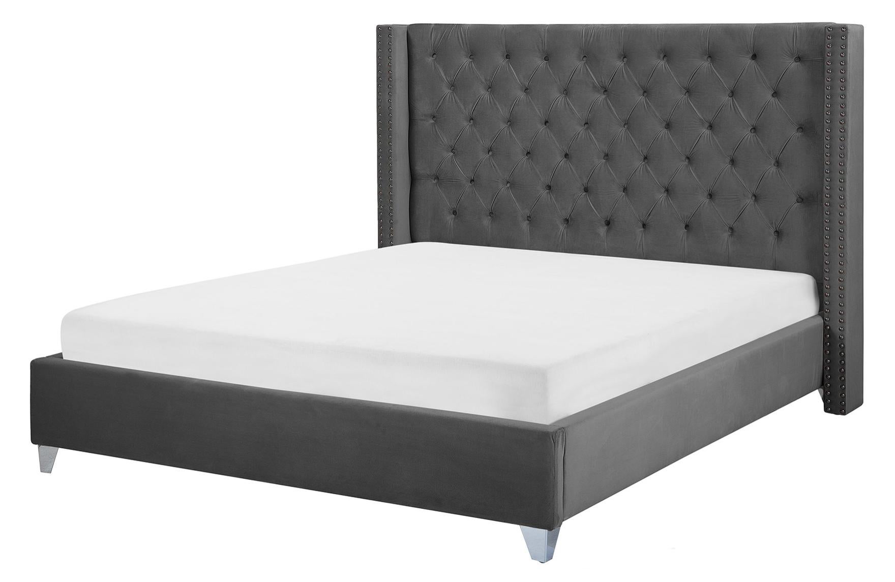 Lit Chesterfield Velours Gris 140x200cm – Style Vintage, Capitonné, Par Palazzo INT