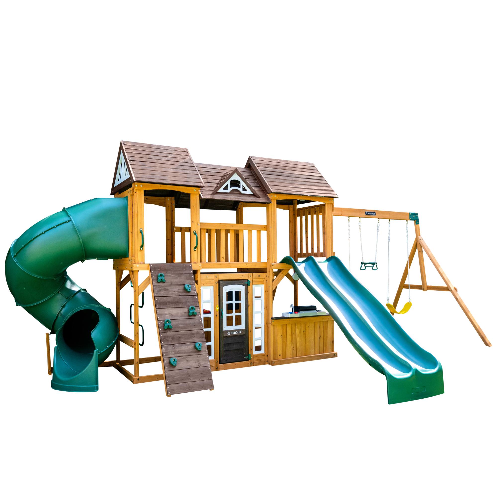 KidKraft - Aire de jeux portique en bois Adventure Bend avec toboggans, balan?�oires, mur d 