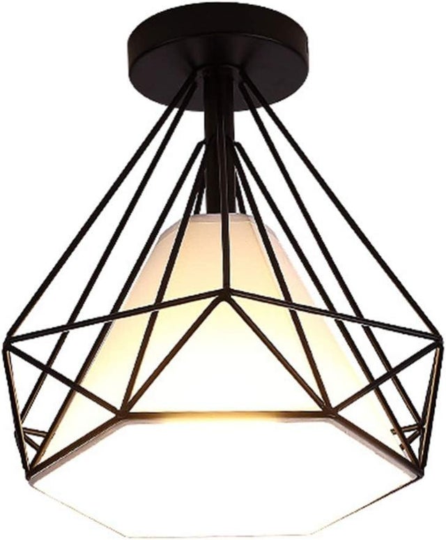 Retro Plafonnier Industrielle Cage en forme Diamant en Métal Fer Lustre Suspension Luminaire pour Salon Salle Chambre Décorer Maison Cuisine Noir