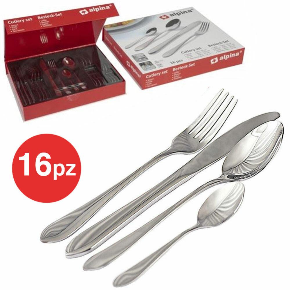 Set di posate da 16 pezzi, in acciaio inox, con forchetta, cucchiaio, set da tavola, servizio per 4 (argento