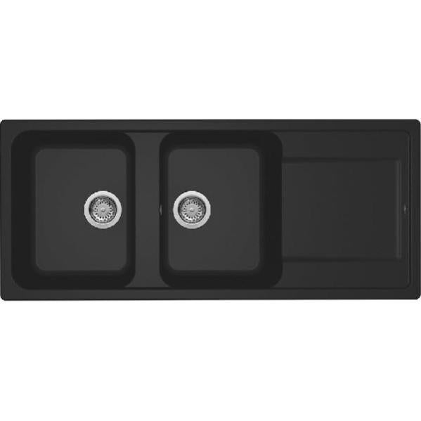 Lavello Da Cucina Romeo Nero 2 Vasche Con Gocciolatoio 116 X 50 Cm - Kuarzstone, Made In Italy - Foto 2