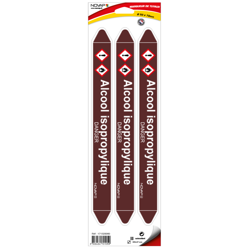 Planche de 3 marqueurs de tuyauterie 355 x 37 mm pour Ø 50 à 70 mm Alcool isopropylique
