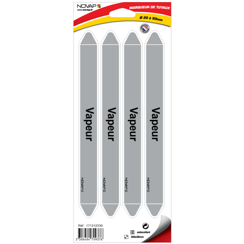 Aluplex - Planche De 10 Marqueurs De Tuyauterie VAPEUR (DM 32 à 80mm) - Signalisation Fluides Industriels | Autocollants Réglementaires CLP/AFNOR