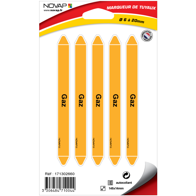 Marqueurs De Tuyauterie GAZ - Lot De 10 - Norme DM 32 à 80 - Pour Gaz De Ville - Dimensions 284 X 37 Mm - Conformes CLP/AFNOR