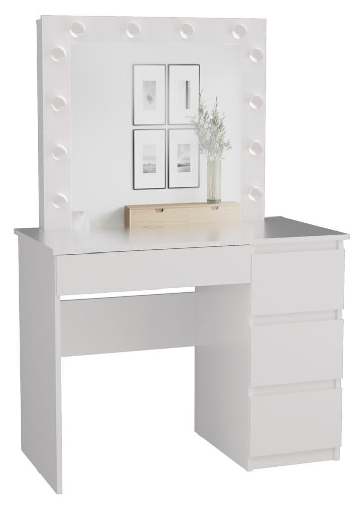 Coiffeuse Avec Miroir LED Et Tiroir - Longueur Réglable 80 à 110 Cm - Plateau Verre Trempé, Aspect Cuir - Blanche, Compacte Pour Chambre