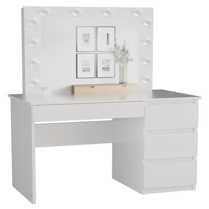 Coiffeuse Avec Miroir LED Et Tiroir - Longueur Réglable 80 à 110 Cm - Plateau Verre Trempé, Aspect Cuir - Blanche, Compacte Pour Chambre