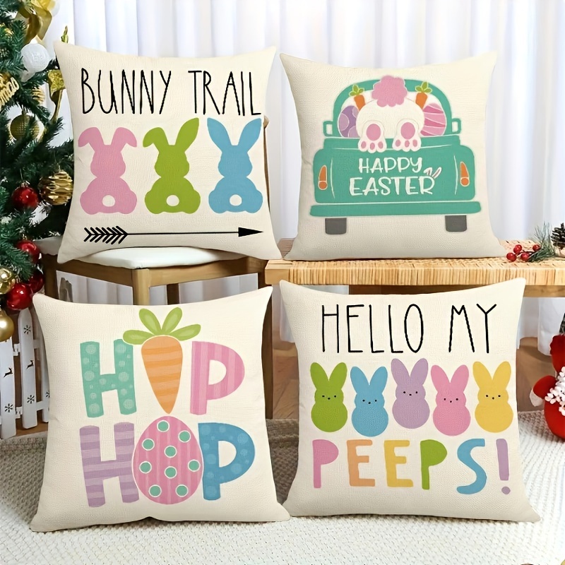 4 uds. de fundas de almohada de pascua feliz, fundas de cojín decorativas con forma de huevo de conejito de dibujos animados, 45x45cm