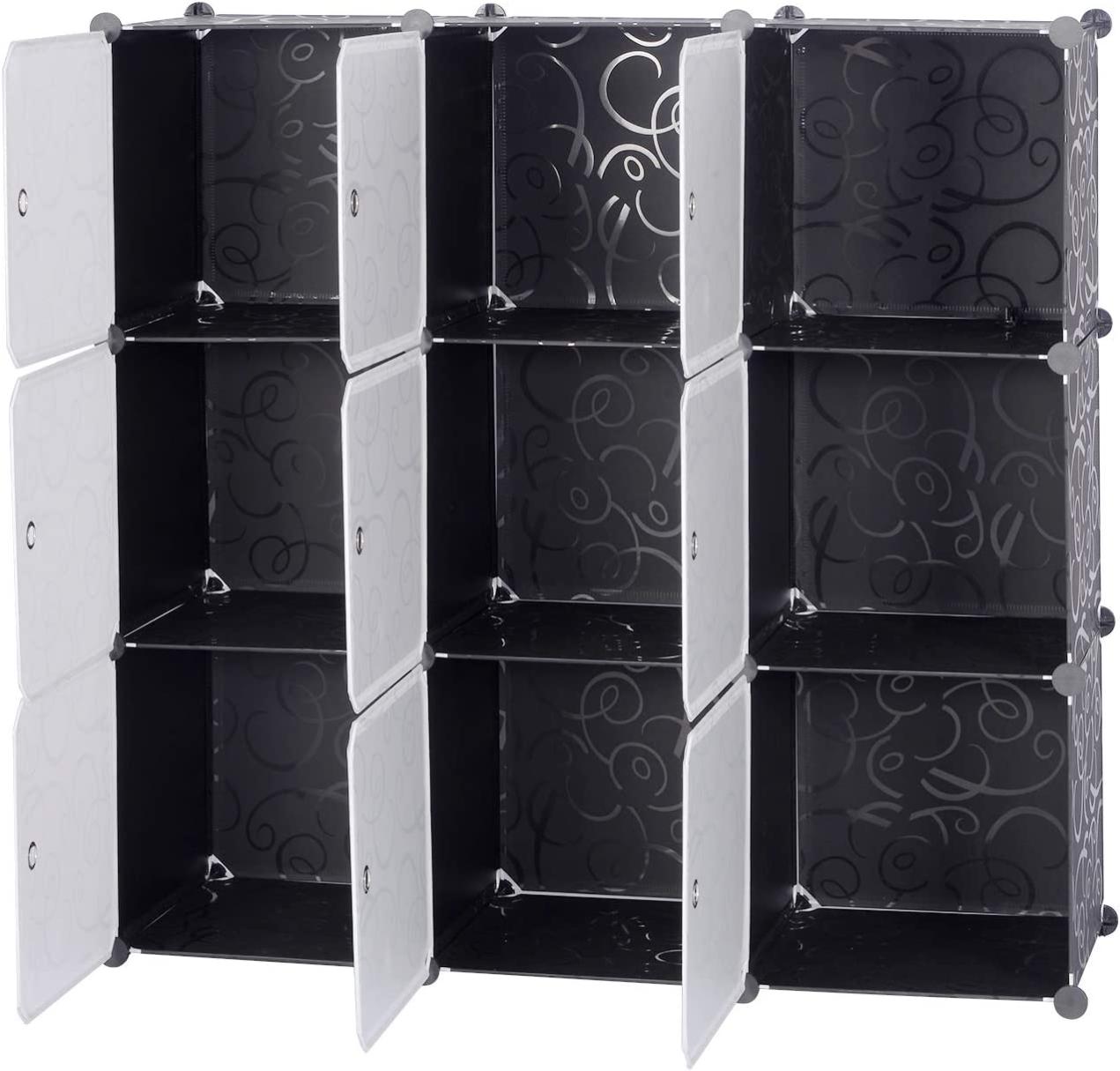 HENGMEI Système D'étagères De Penderie Avec Portes En Plastique PP - Rangement Des Vêtements, Livres, Bricolage - Colonnade Pour Chambre à Coucher (12 Boîtes Avec Porte, Noir