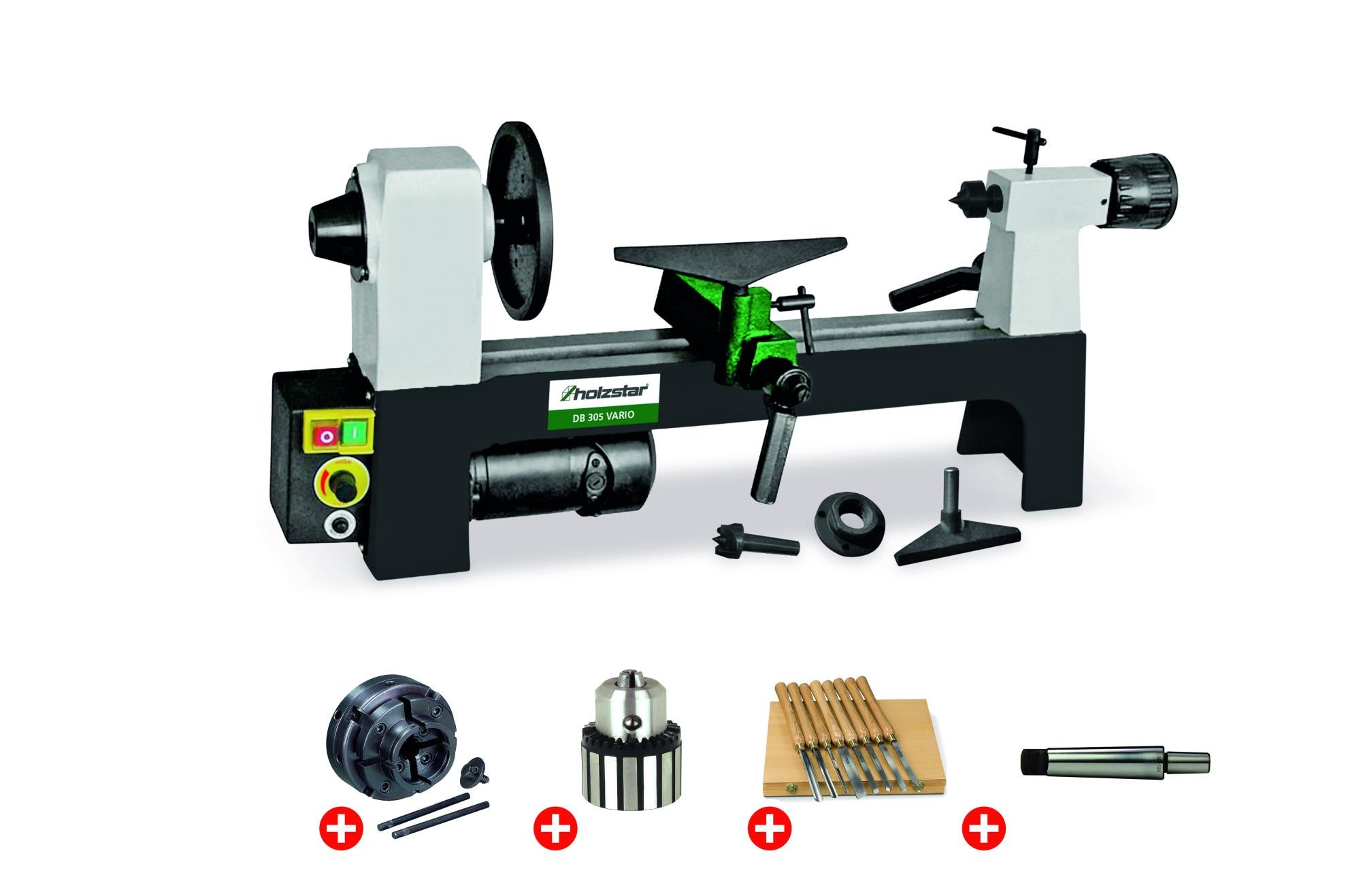 Pack tour à bois 200x305mm + mandrin 4 mors 100 mm + jeu 8 burins + mandrin à couronne + arbre