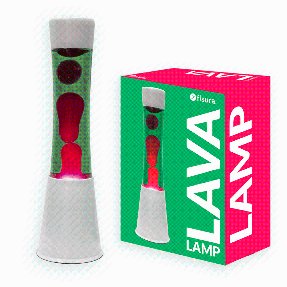 Fisura Lampe à lave verte et rose. Base blanche, liquide vert et lave rose. Effet relaxant