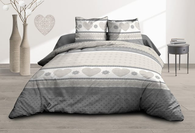 Housse de couette 240x260 + 2 taies - Pur coton 57 fils - Coeurs gris