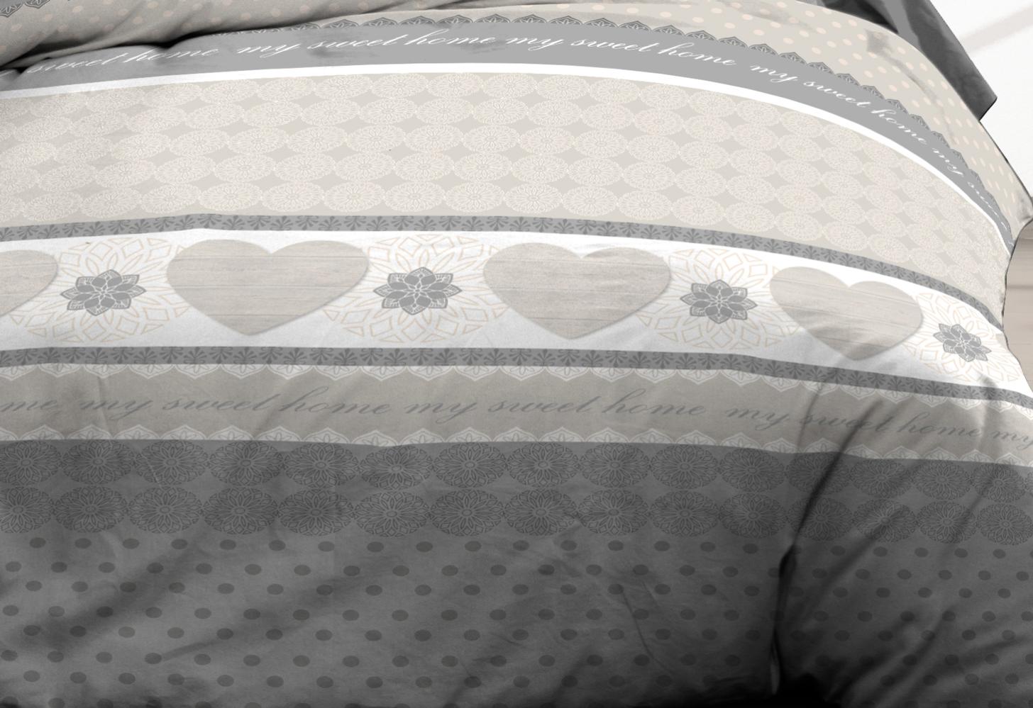 Parure Drap plat + drap-housse 160x200 + 2 T - Pur coton 57 fils - Coeurs gris - 2