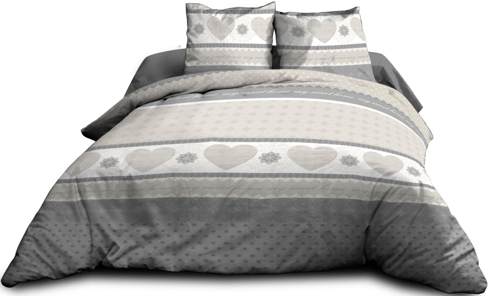 Parure Drap plat + drap-housse 140x190 + 2 T - Pur coton 57 fils - Coeurs gris - 3