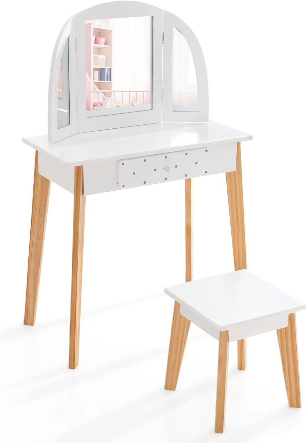 Coiffeuse Pour Enfants Avec Tabouret Et Miroir - Bois Rose Clair - 2 Tiroirs - Dimensions 114x30x108.5 Cm
