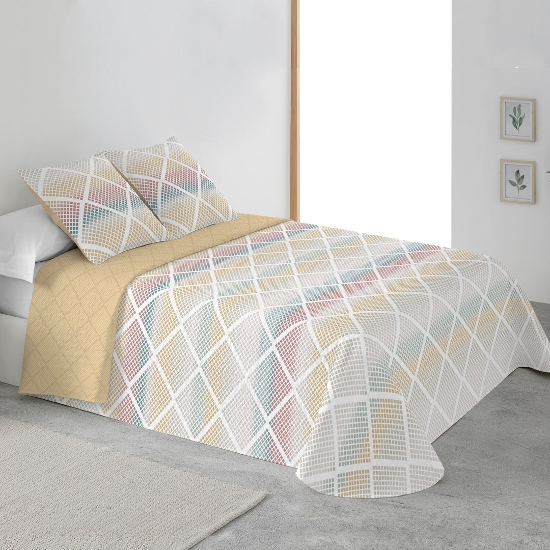 Colcha estampada reversible cosida julia ocre cama 180 cm - 270x270 cm