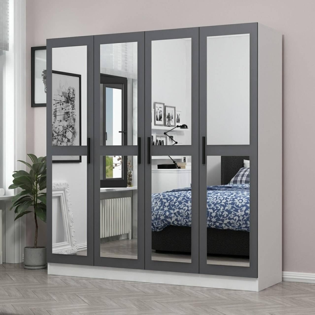 Armoires 4 portes et 8 miroirs Sanur L180xH210cm Anthracite et Blanc