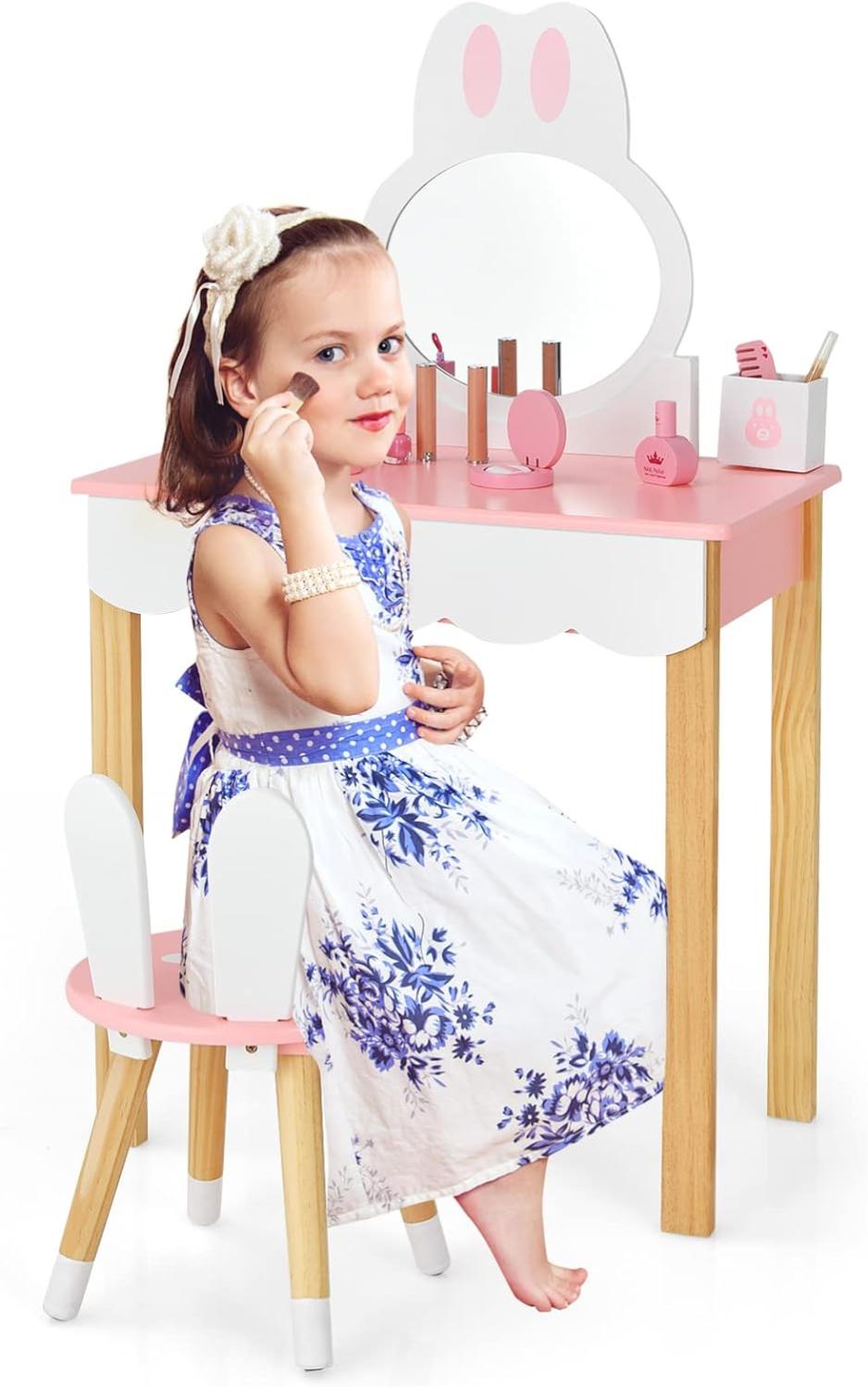 Coiffeuse Enfant Avec Tiroir Et Tabouret - Style Princesse Rose - Zonekiz, à Monter
