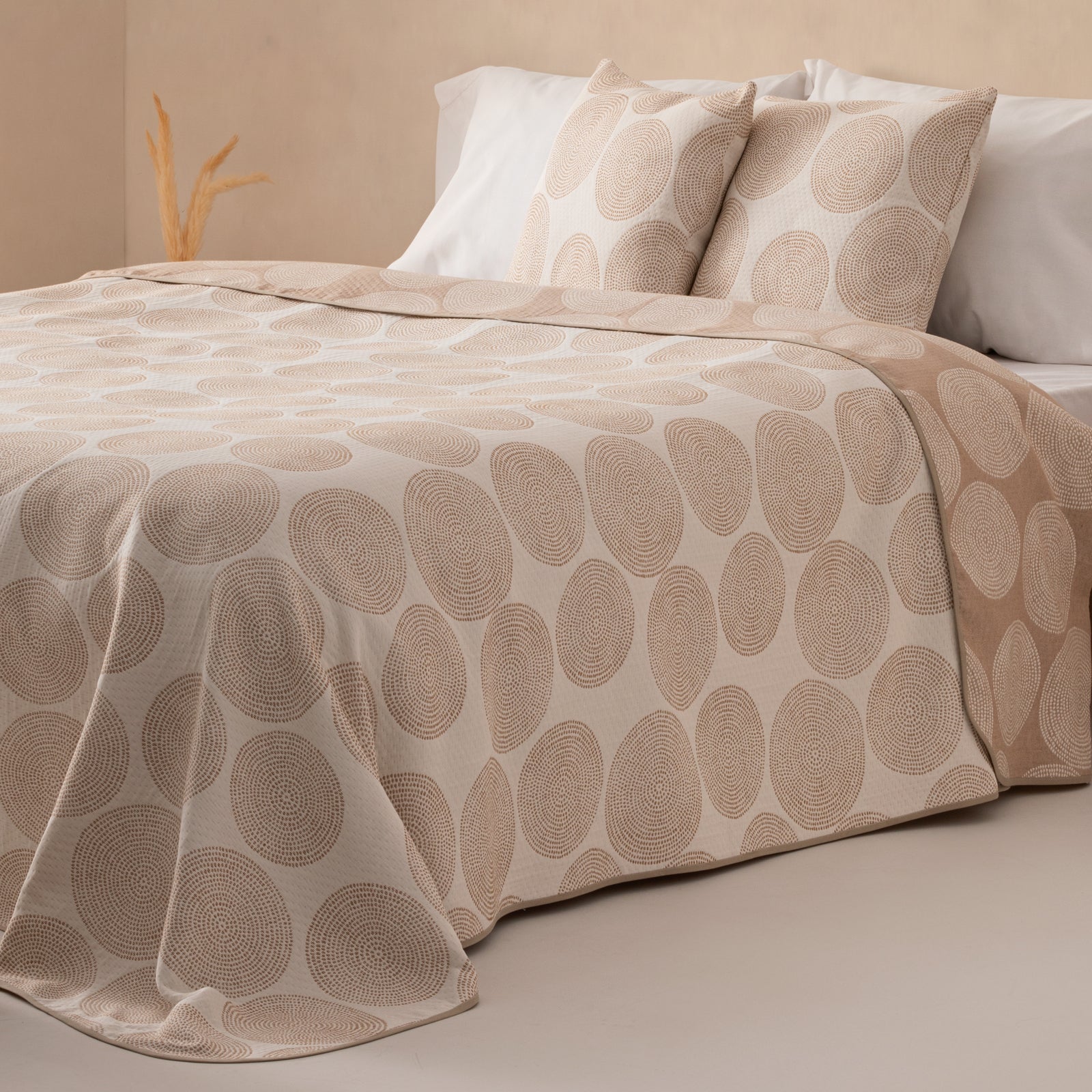 Colcha cama 150 cm ligera entretiempo primavera verano círculos jacquard algodón transpirable, 250x270 cm, color beige