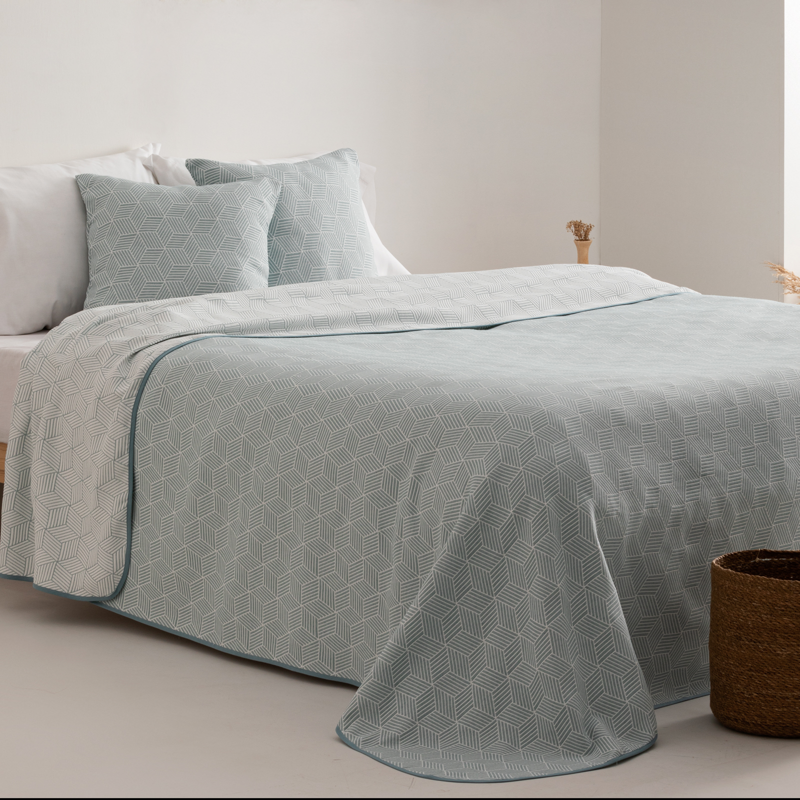 Colcha cama 105 cm ligera entretiempo primavera verano geométrica jacquard algodón transpirable, 200x270 cm, color agua