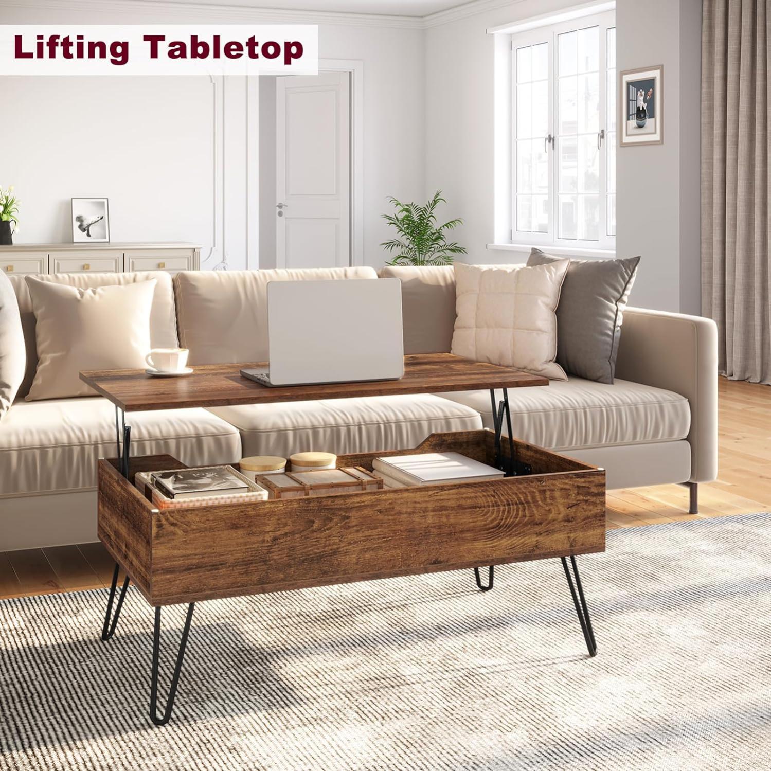 WOLTU Table Basse en Bois + Métal, Table de Salon Réglable en Hauteur, pour Salon, Bureau, Pieds , 95x(40-55,5) x50 cm, Aspect bois vintage + Noir - 3
