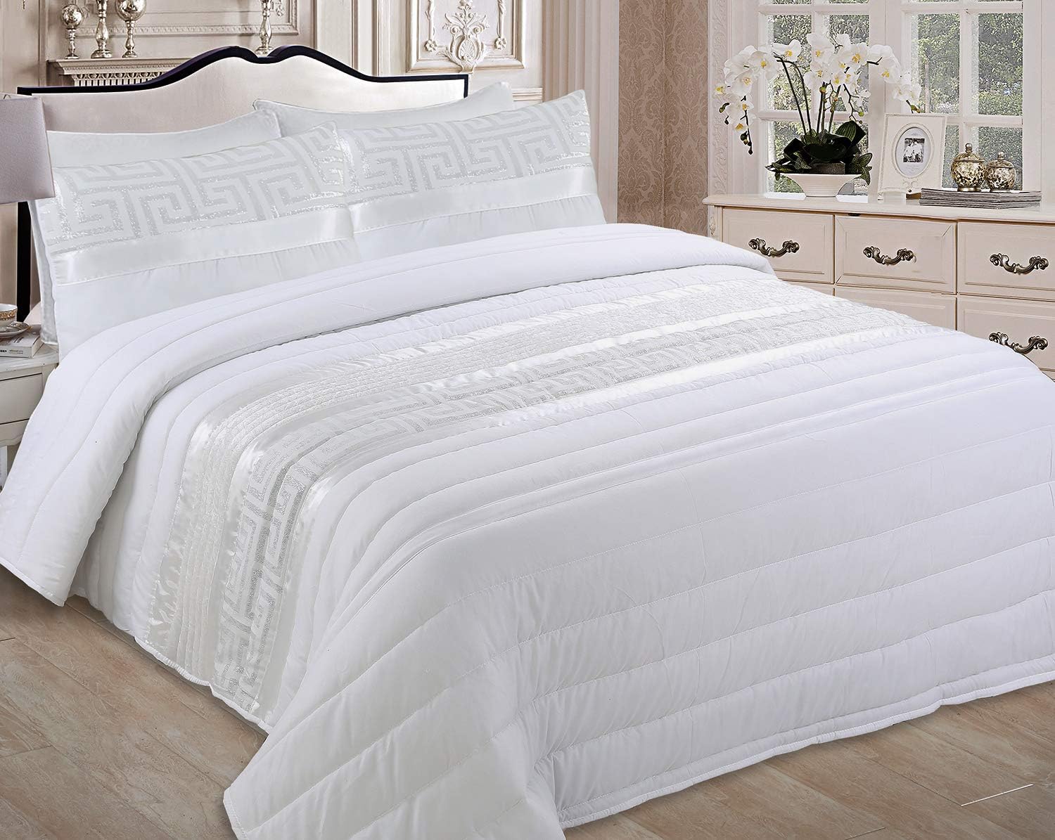 Haradeco colchas jacquard blanco 240x260cm, cubrecama con 2 fundas almohadas 40x60cm, colcha de verano moderna para hogar hostelería