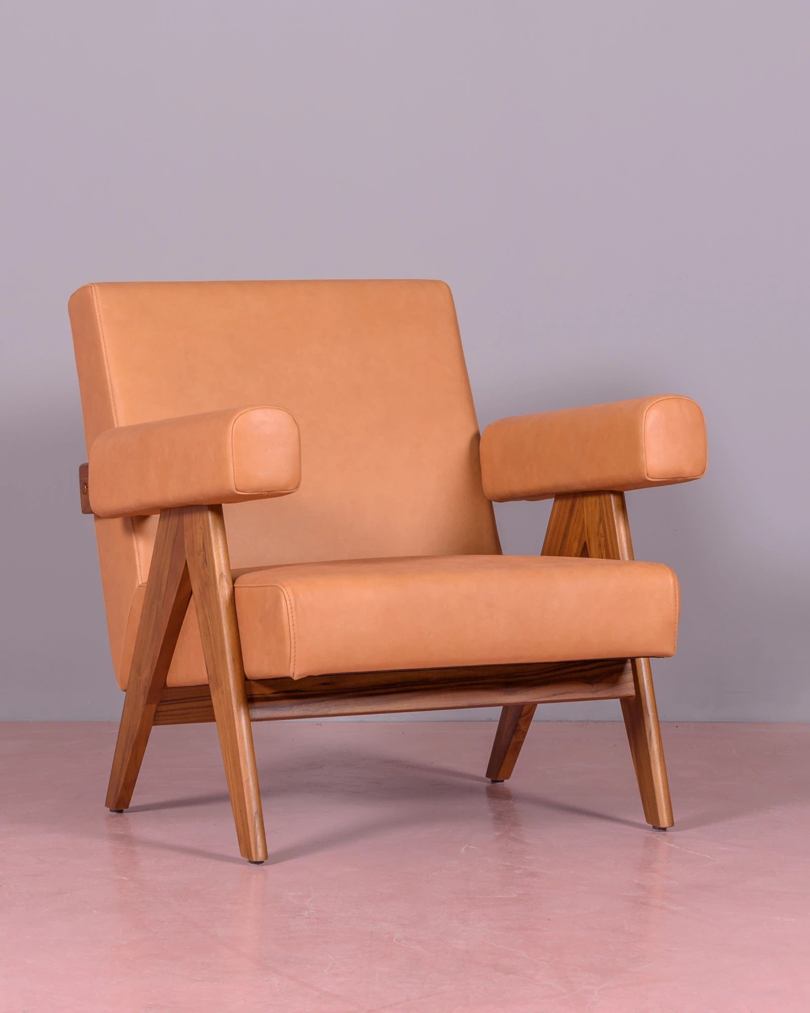 Sillón vintage en madera de teca y piel italiana - compass s - nest dream - cognac